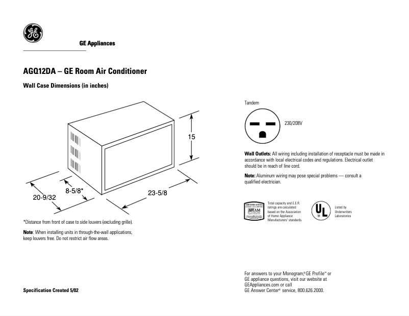 Page n°1 - Fiche technique GE AGQ12DA