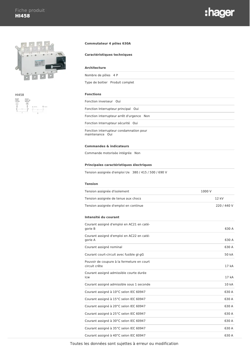 Page n°1 - Fiche technique Hager HI458
