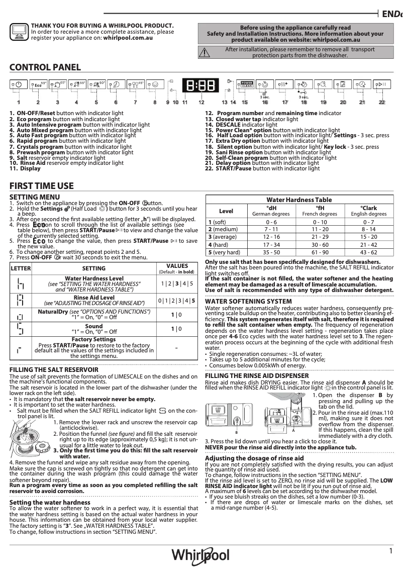 Page 1 de la notice Manuel utilisateur Whirlpool WDFS3L5P