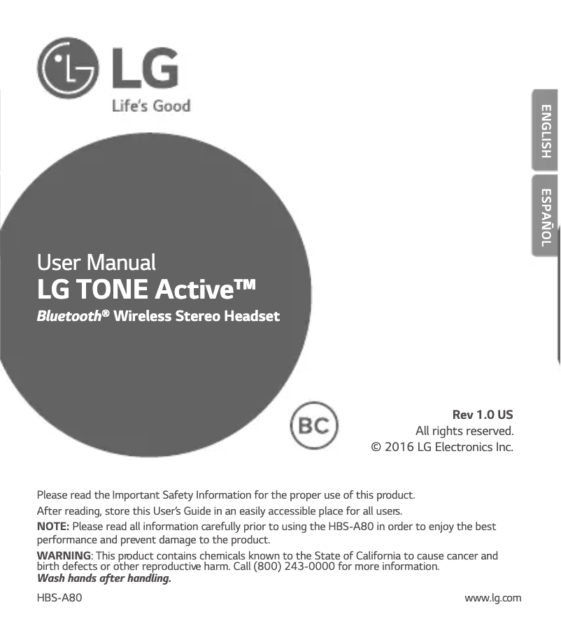 Page n°1 - Manuel utilisateur LG Tone Active HBS-A80