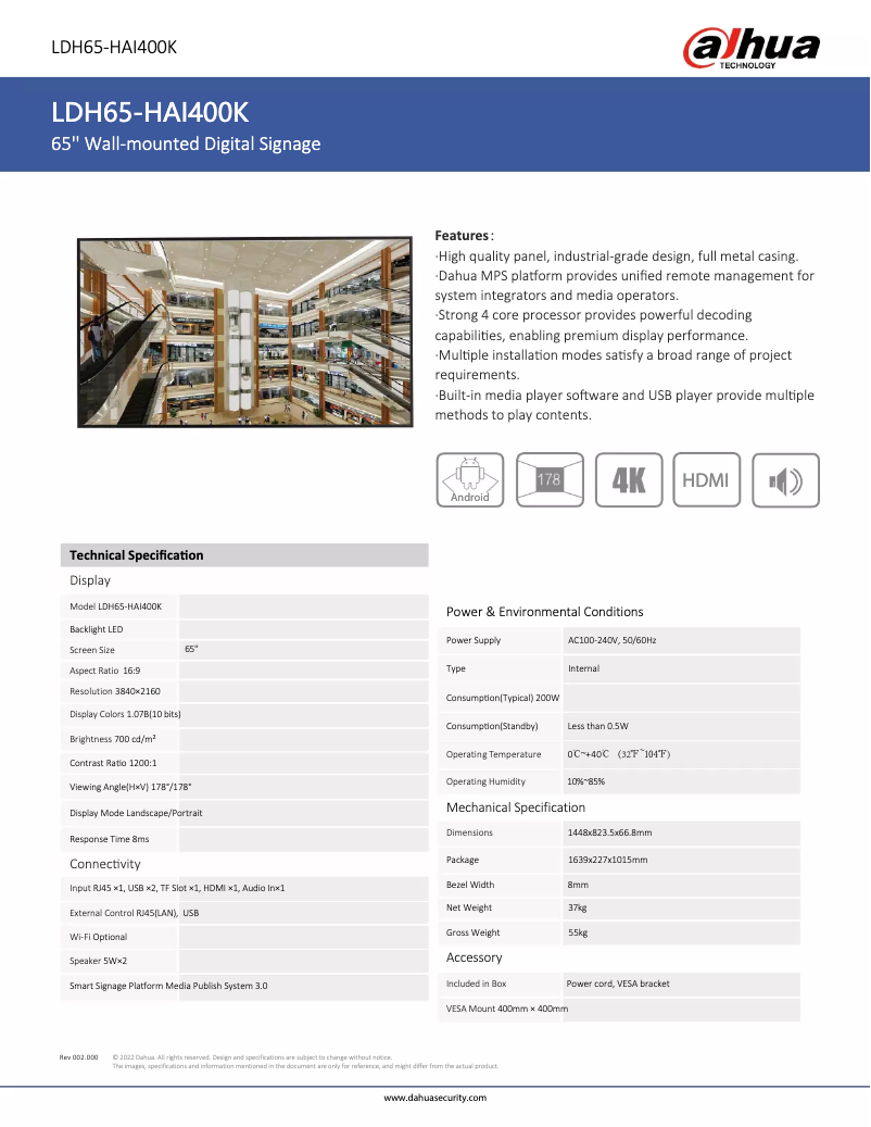Page n°1 - Fiche technique Dahua Technology LDH65-HAI400K