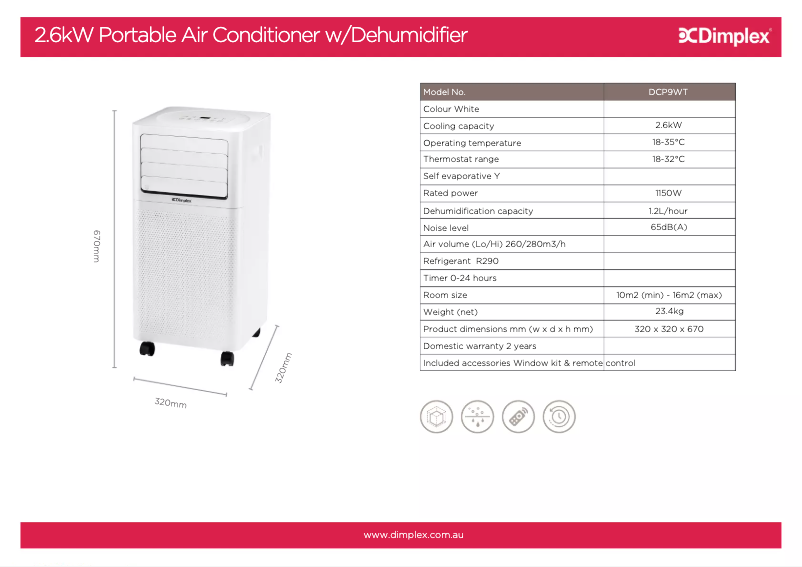 Page 1 de la notice Fiche technique Dimplex DCP9WT