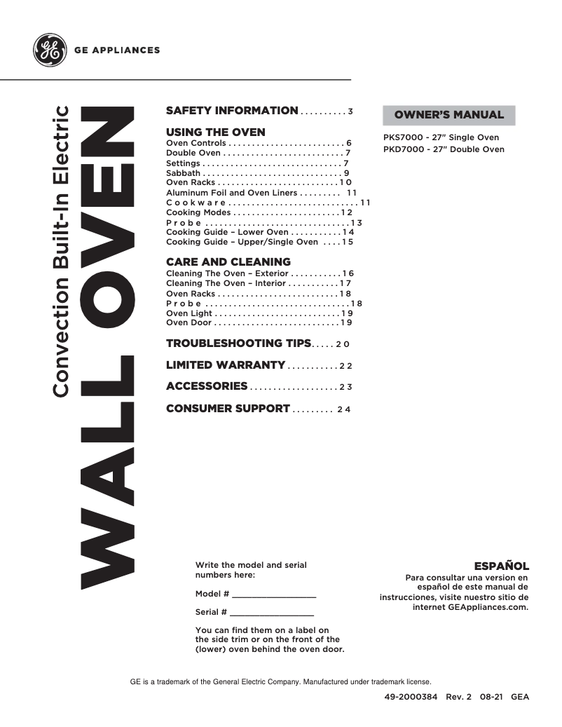 Page n°1 - Manuel d'utilisation et d'entretien GE PKS7000SNSS