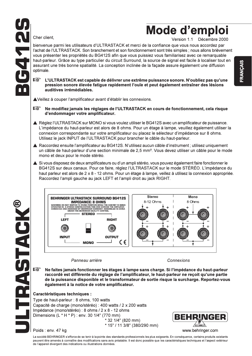 Page n°1 - Manuel utilisateur Behringer Ultrastack BG412S
