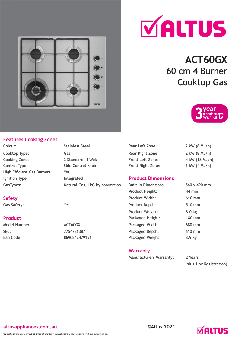 Page n°1 - Fiche technique Altus ACT60GX