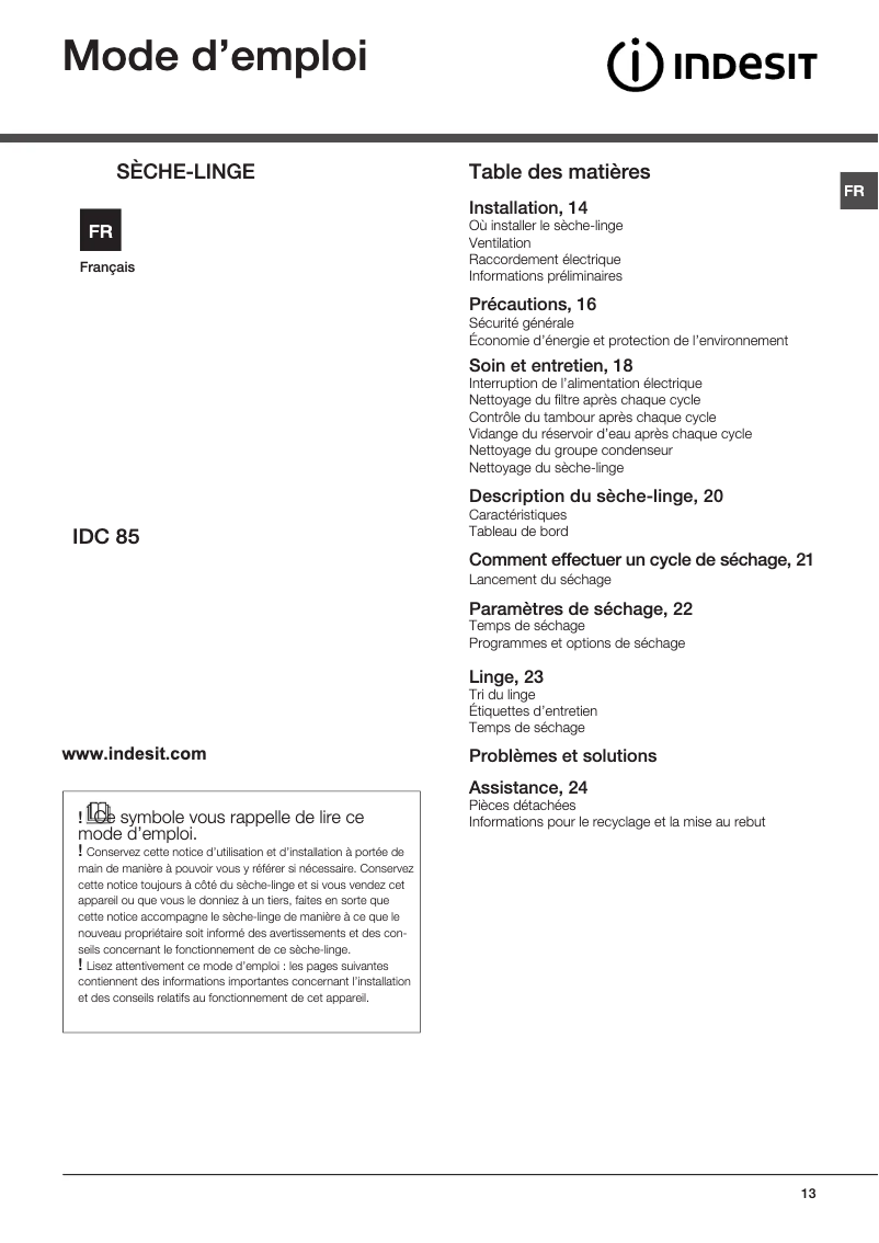 Page 1 de la notice Mode d'emploi Indesit IDC 85 S (EX)