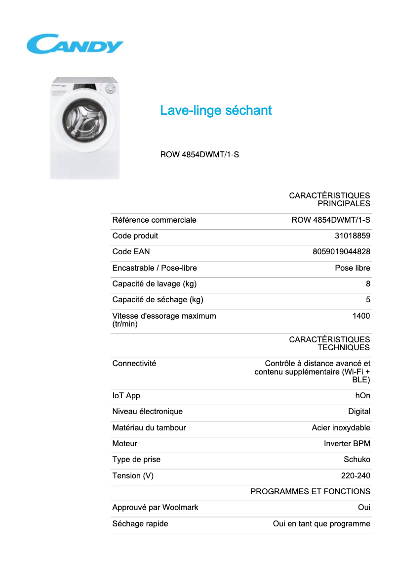Page n°1 - Fiche technique Candy ROW 4854DWMT/1-S