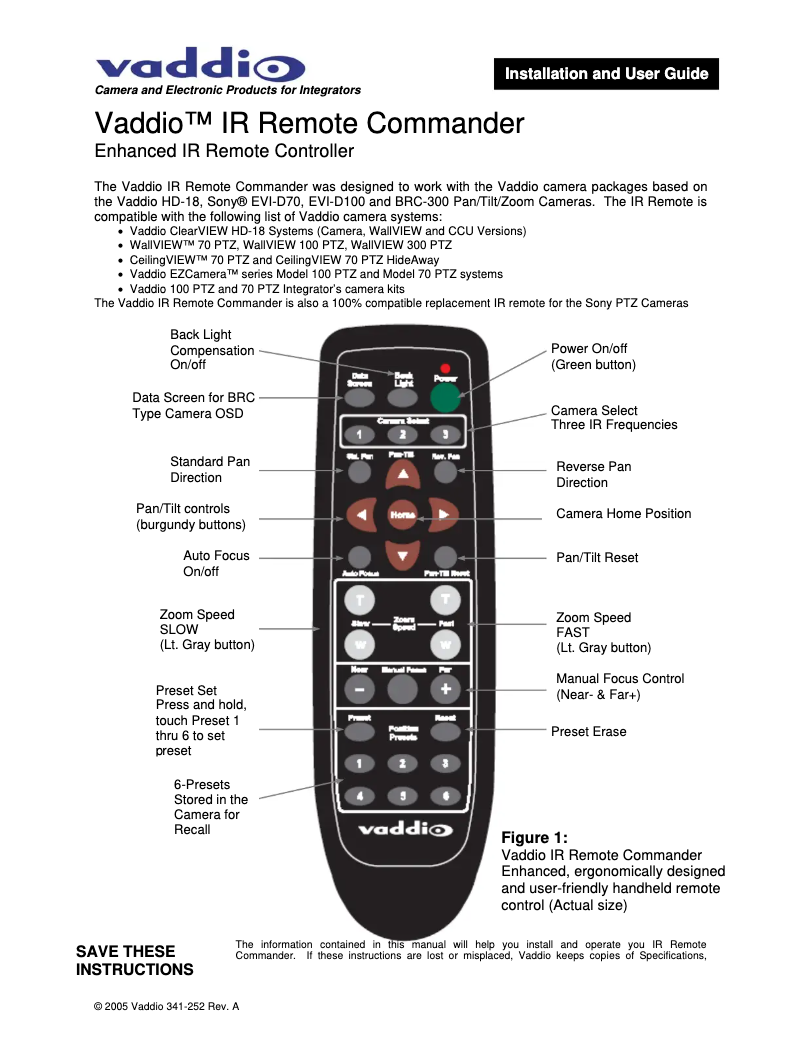 Page 1 de la notice Manuel utilisateur Vaddio IR Remote Commander