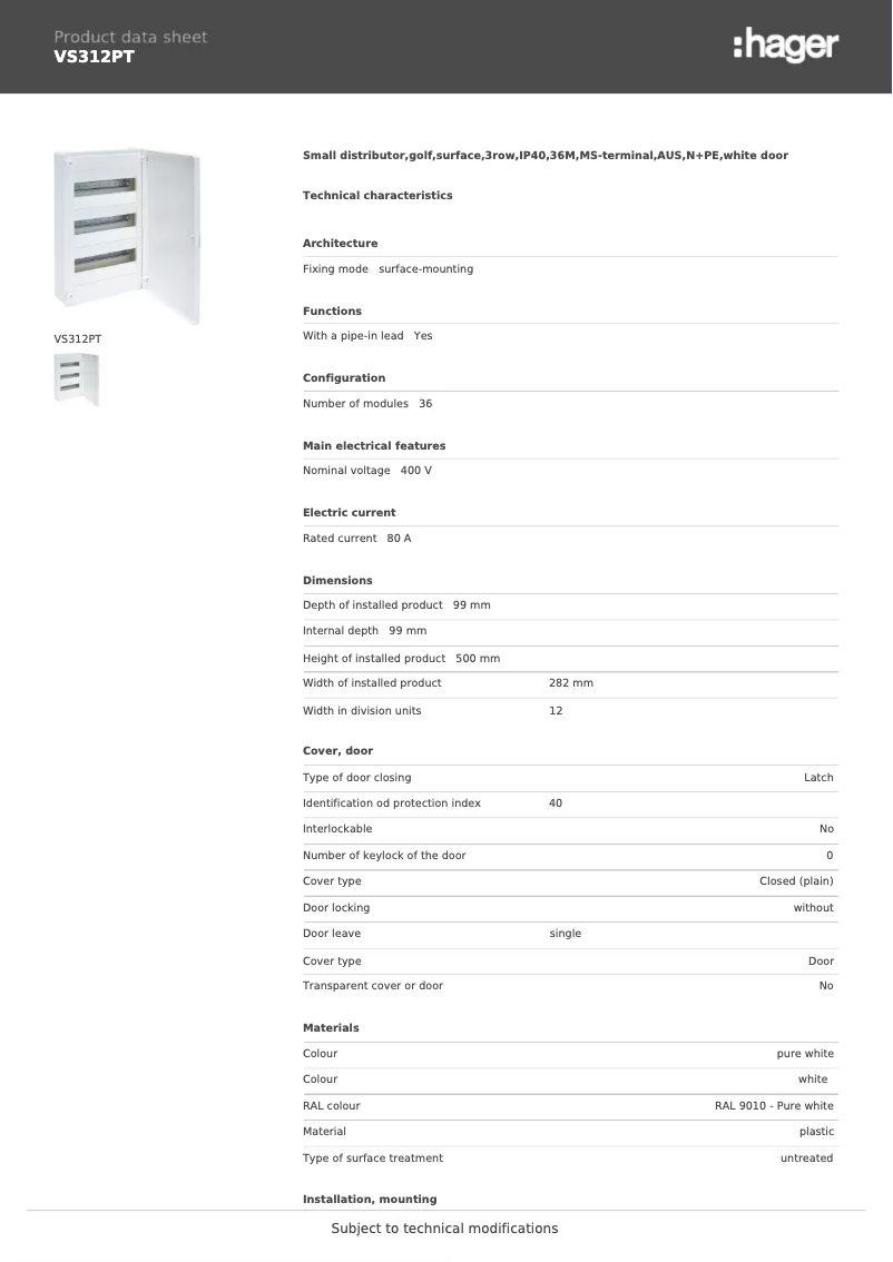 Page n°1 - Fiche technique Hager VS312PT