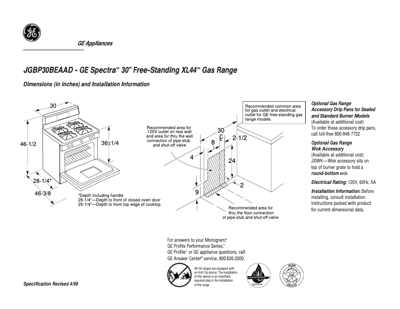 Page 1 de la notice Fiche technique GE JGBP30BEAAD