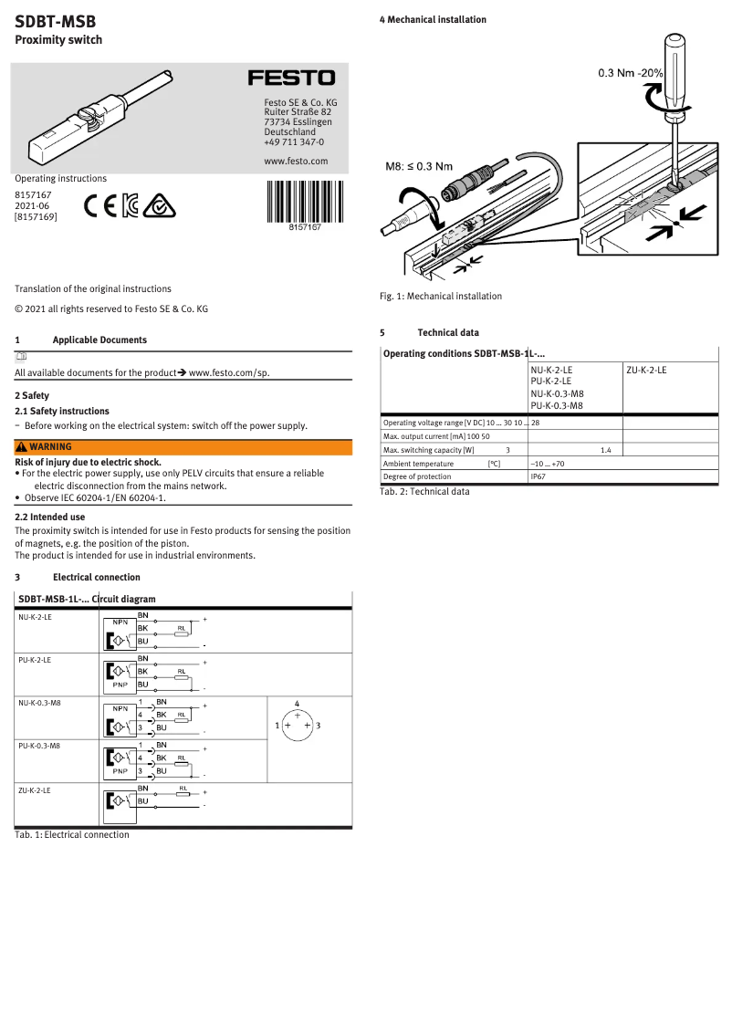 Page 1 de la notice Manuel utilisateur Festo SDBT-MSB-1L-PU-K-2-LE