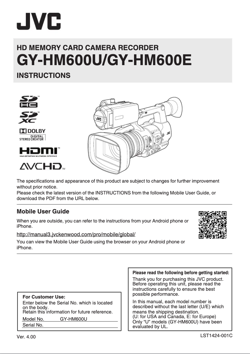 Image de la première page du manuel de l'appareil GY-HM600E