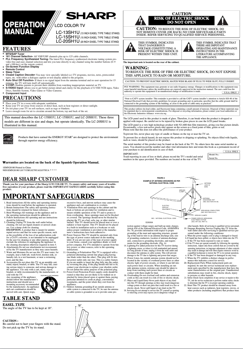 Image de la première page du manuel de l'appareil Aquos LC-13SH1U