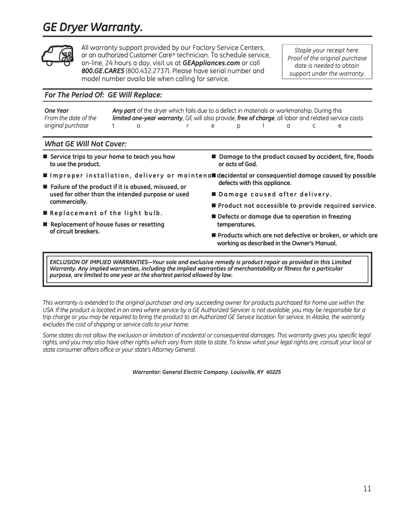 Page 1 de la notice Informations de garantie GE GTX33EASKWW