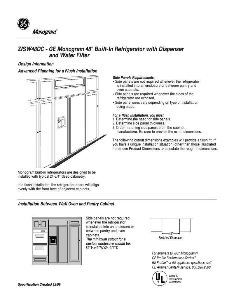 Page 1 de la notice Fiche technique GE ZISW48DC
