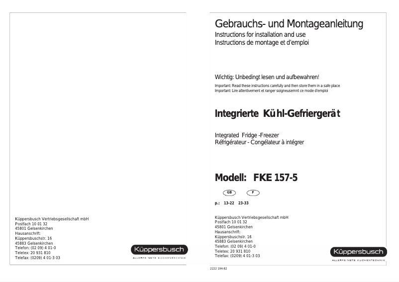 Page 1 de la notice Manuel utilisateur Küppersbusch FKE 157-5