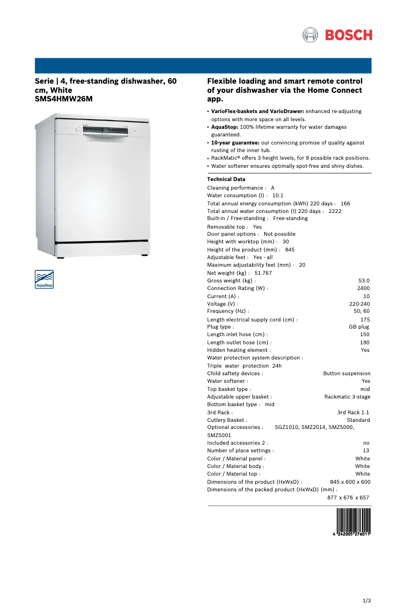 Page n°1 - Fiche technique Bosch SMS4HMW26M