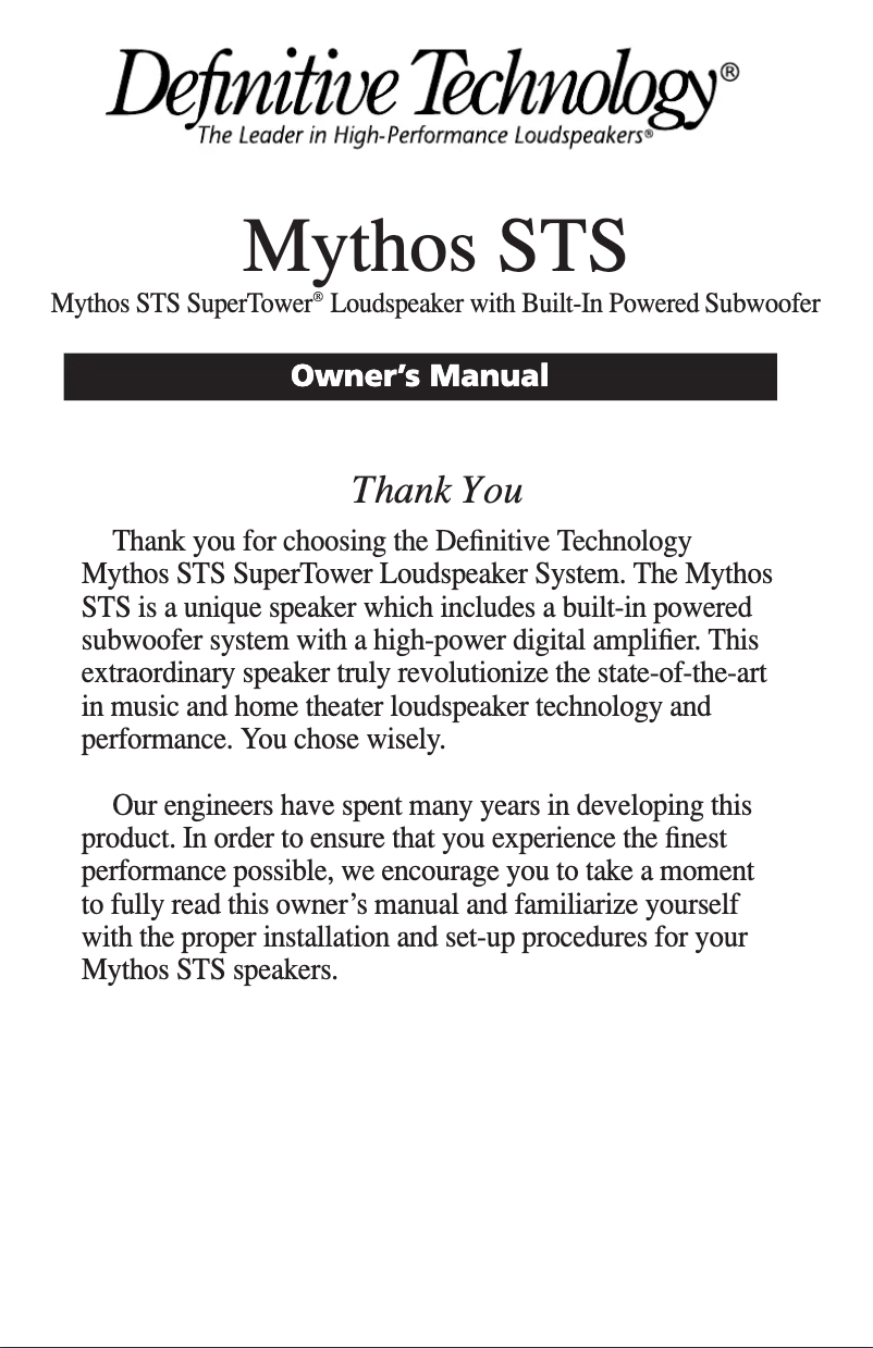 Page 1 de la notice Manuel utilisateur Definitive Technology Mythos VEIB