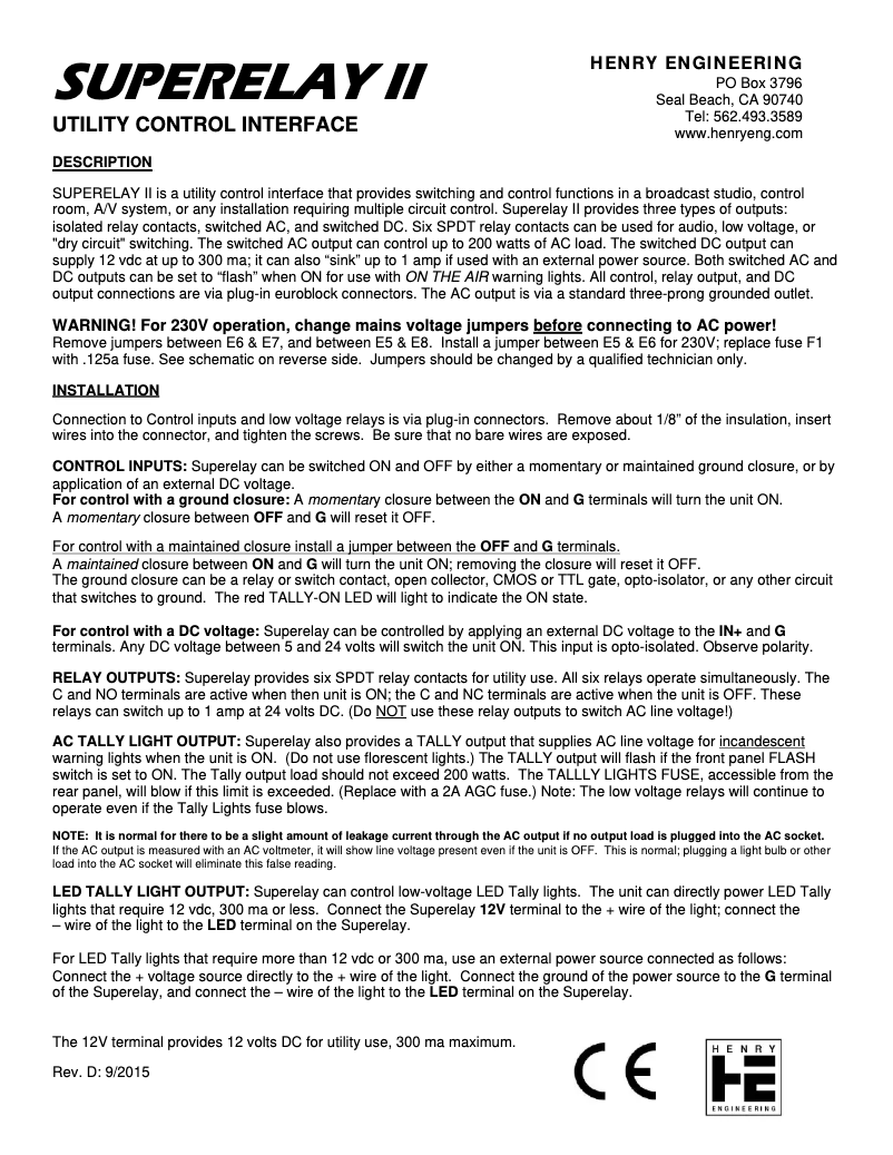 Page n°1 - Manuel utilisateur Henry Engineering SUPERELAY II