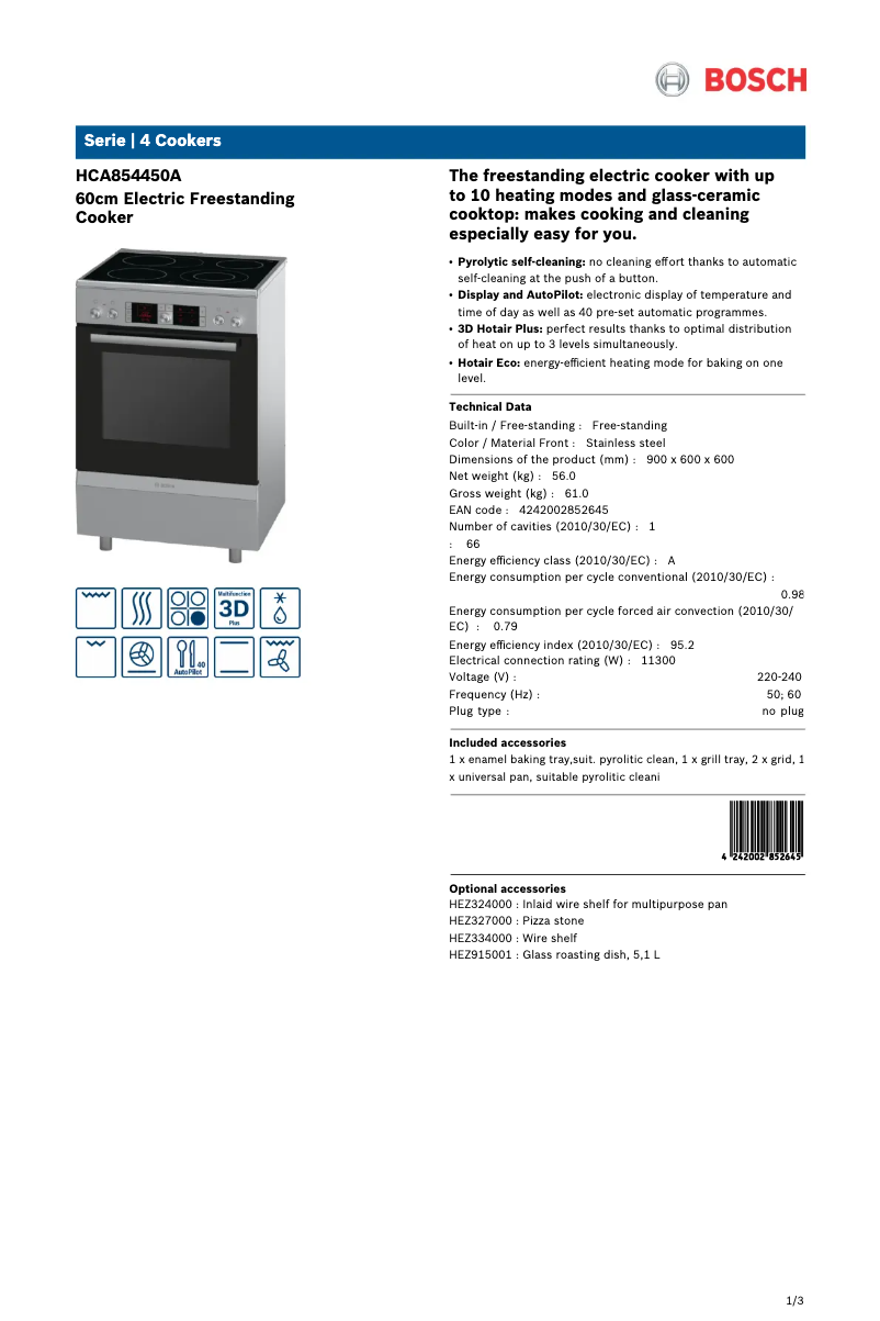 Page 1 de la notice Fiche technique Bosch HCA854450A