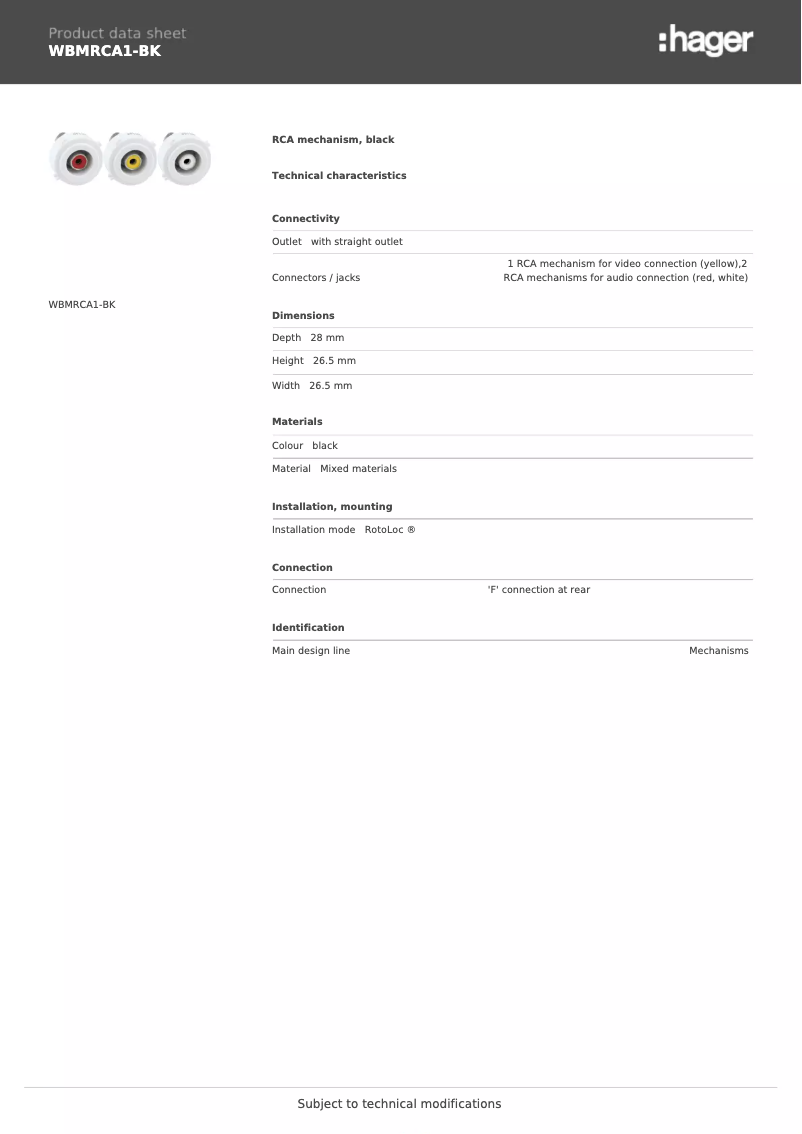 Page 1 de la notice Fiche technique Hager WBMRCA1