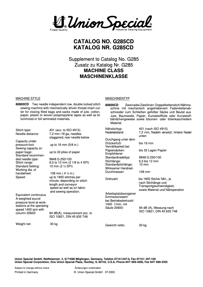 Page n°1 - Manuel utilisateur Union Special 80800CD