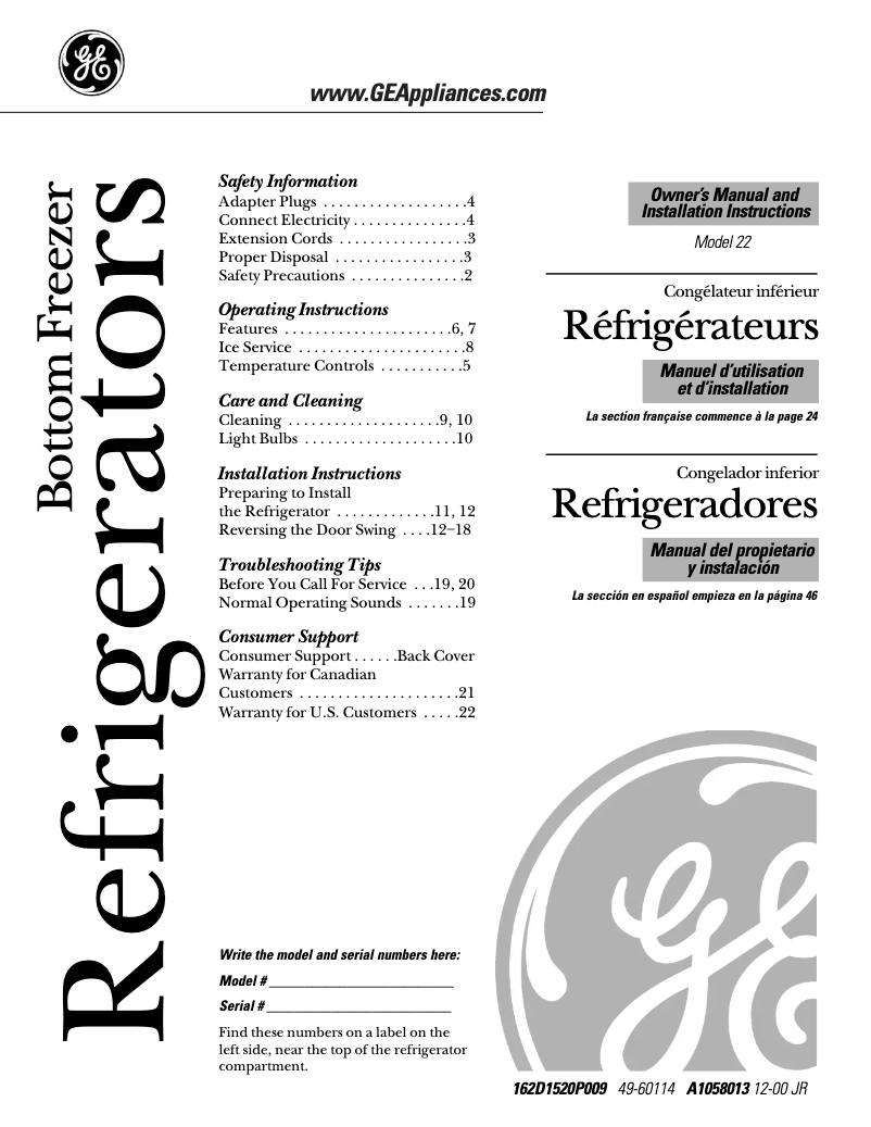 Page n°1 - Manuel d'utilisation et d'entretien GE GBS22LBMBB