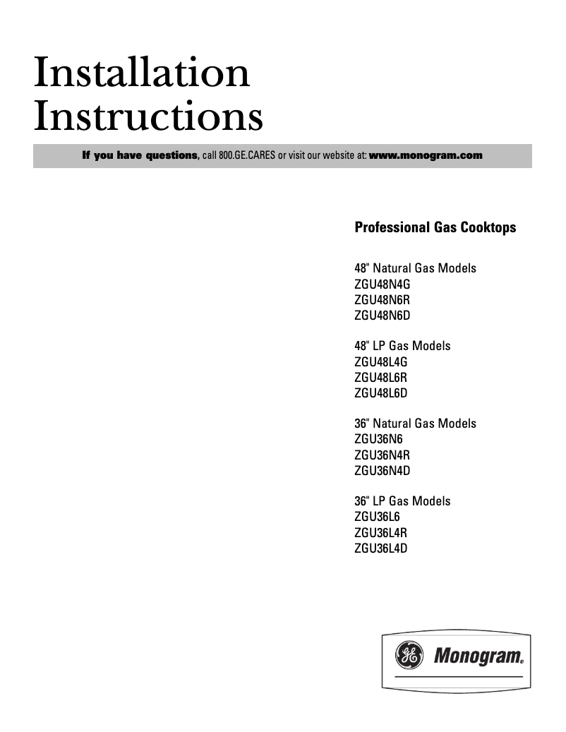 Page 1 de la notice Guide d'installation GE ZGU36L4DHSS