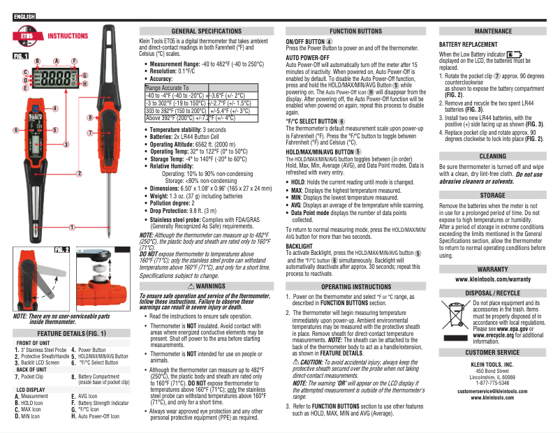 Page 1 de la notice Manuel utilisateur Klein Tools ET05
