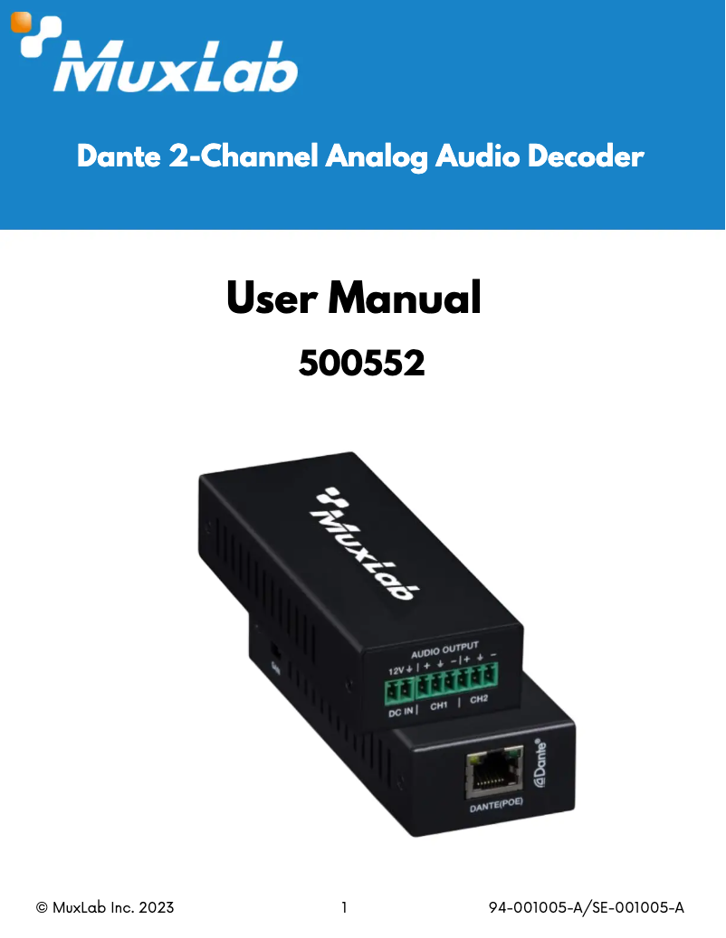 Page 1 de la notice Manuel utilisateur MuxLab 500552