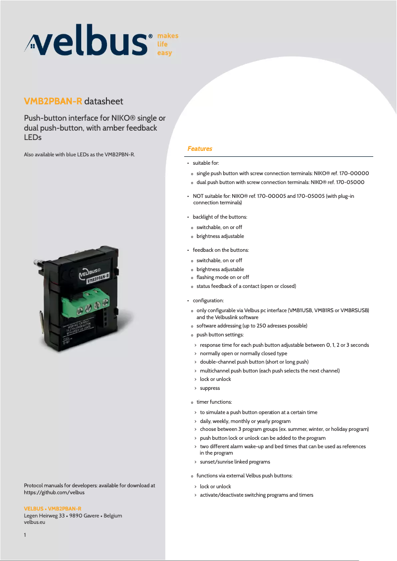 Page n°1 - Manuel utilisateur Velbus VMB2PBAN
