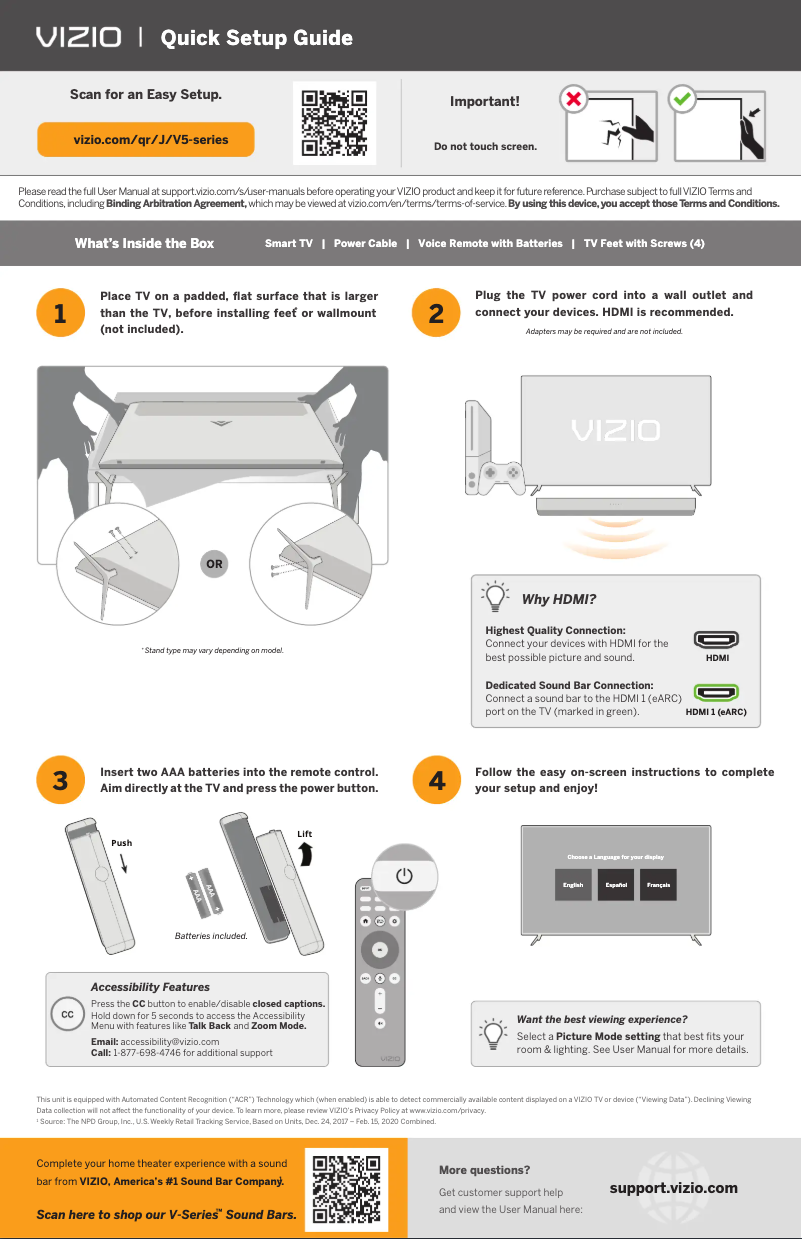 Page 1 de la notice Guide de démarrage rapide VIZIO V505-J09