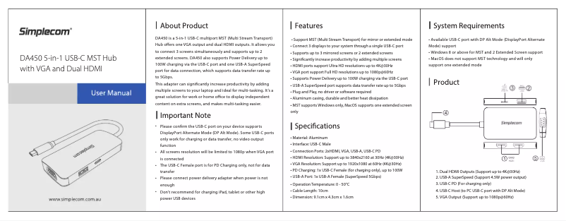 Page n°1 - Manuel utilisateur Simplecom DA450