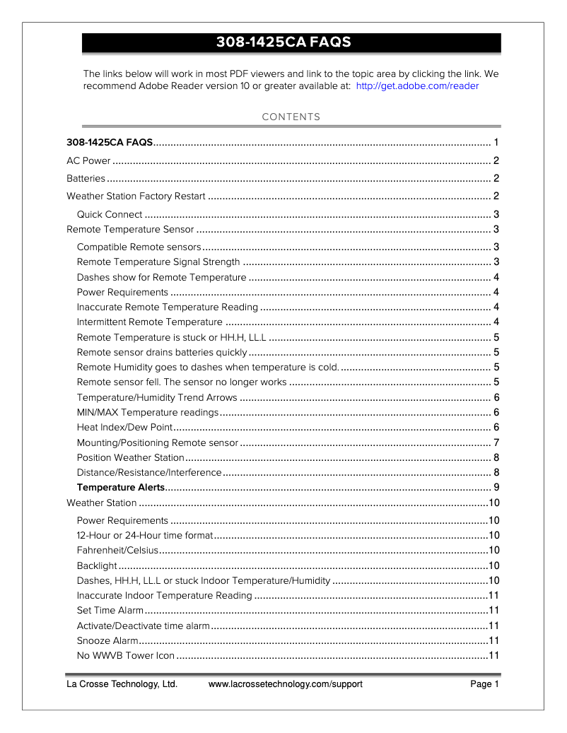 Page n°1 - FAQ La Crosse Technology 308-1425CA