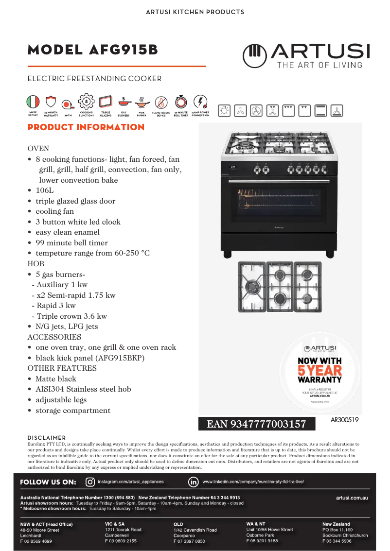 Page 1 de la notice Fiche technique Artusi AFG915BKP