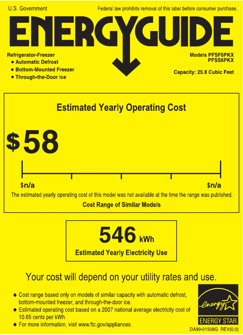 Page 1 de la notice Label énergétique GE Profile PFSS6PKXSS