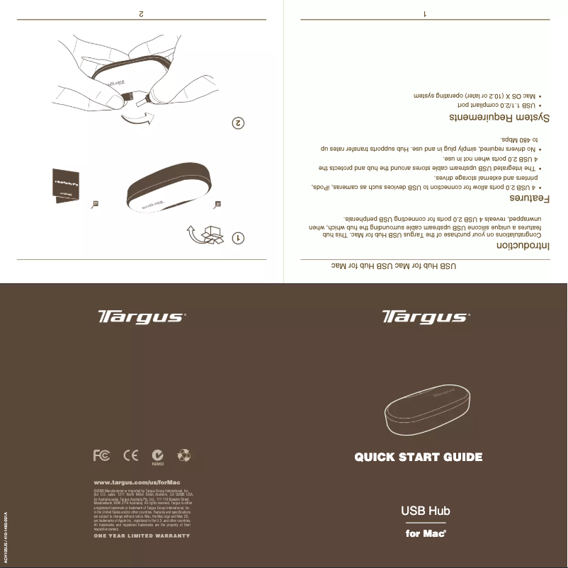 Page 1 de la notice Manuel utilisateur Targus ACH105US