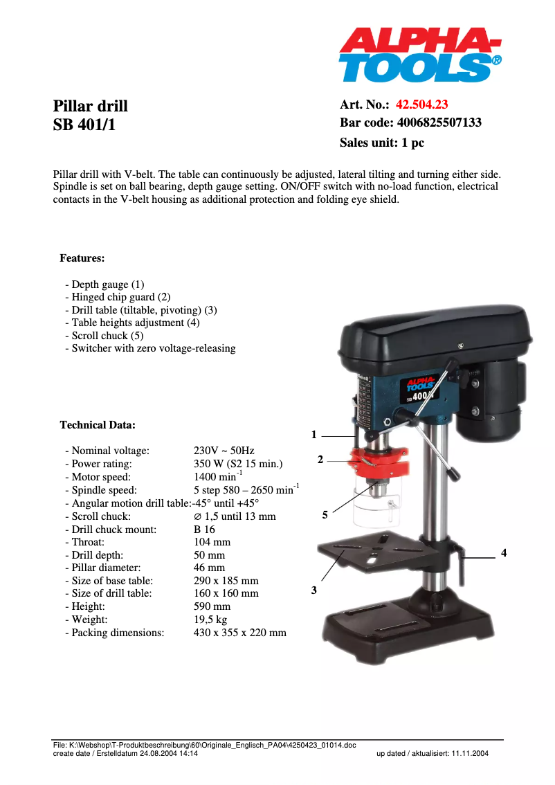 Page n°1 - Manuel utilisateur Alpha Tools SB 401/1