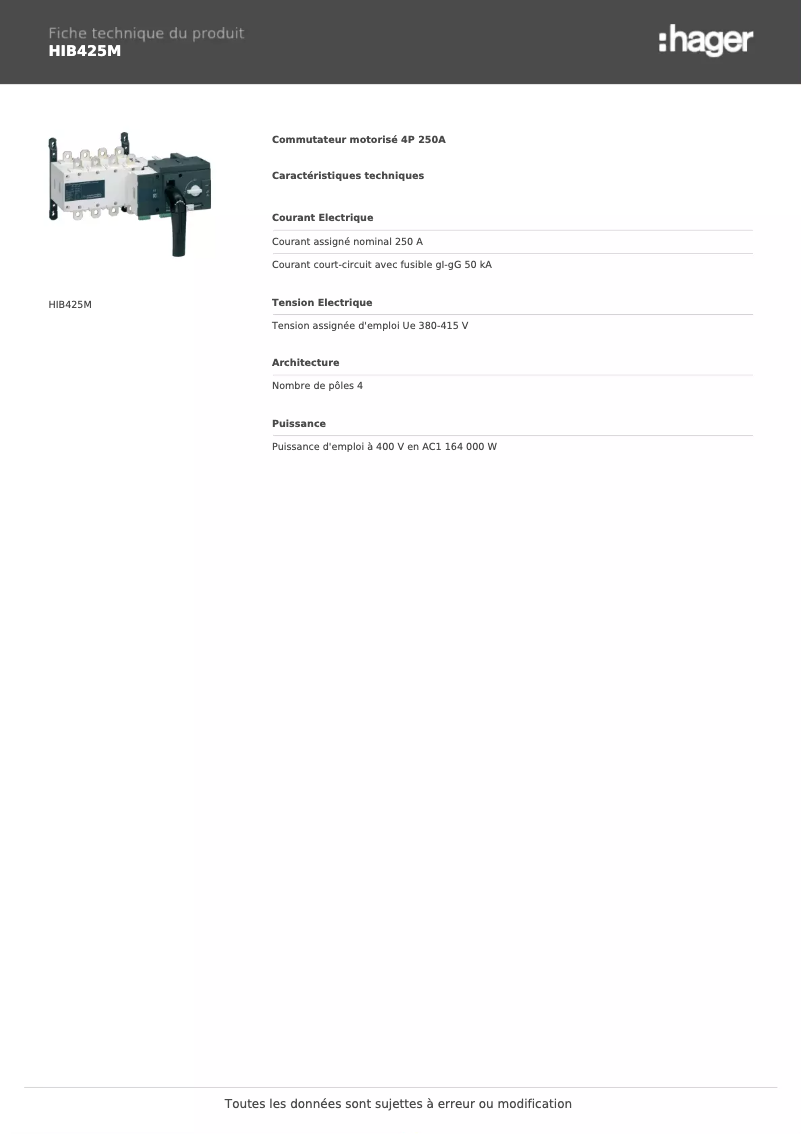 Page 1 de la notice Fiche technique Hager HIB425M