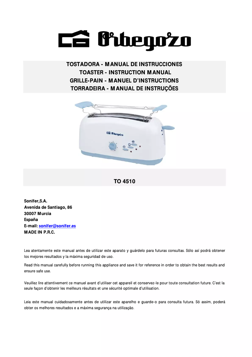 Page n°1 - Manuel utilisateur Orbegozo TO 4500