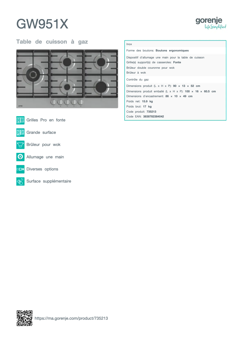 Página 1 del manual Ficha técnica Gorenje GW951X