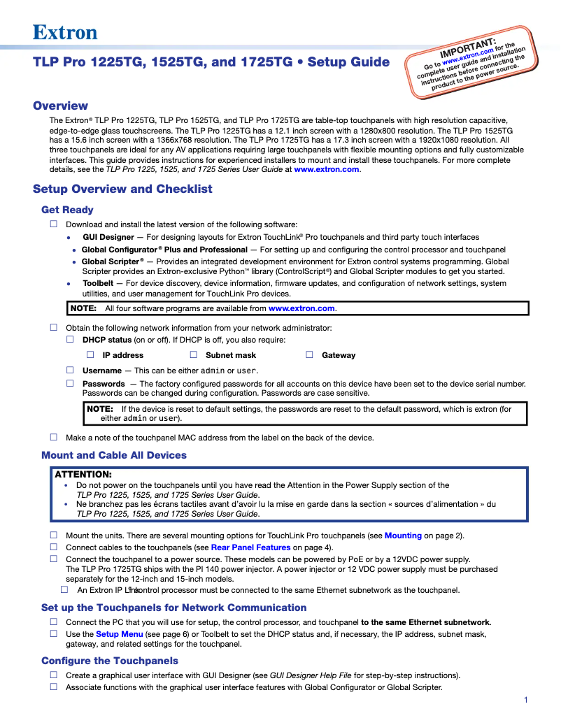 First page image of the manual for TLP Pro 1225TG