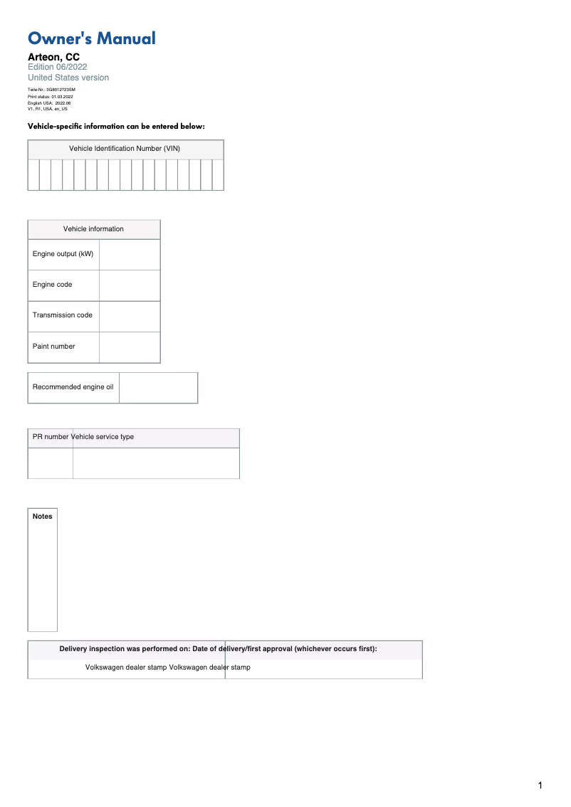 Image de la première page du manuel de l'appareil Arteon (2023)