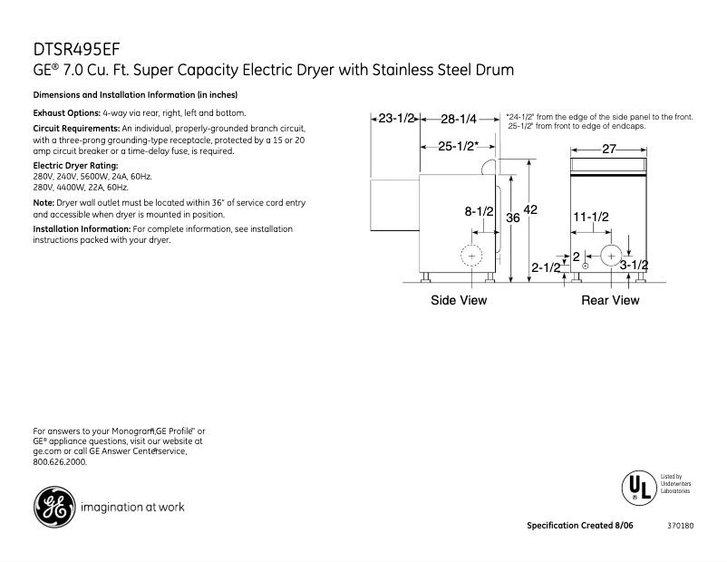 Page 1 de la notice Fiche technique GE DTSR495EFGG