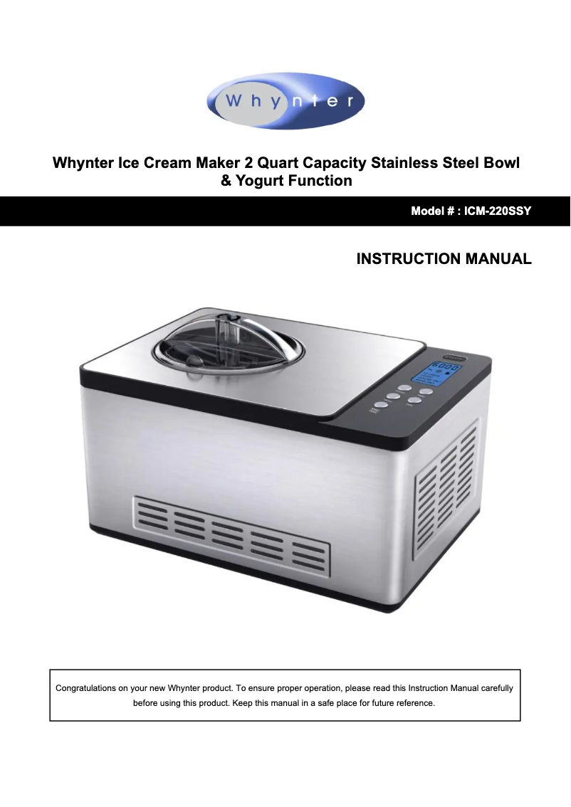 Page n°1 - Manuel utilisateur Whynter ICM-220SSY