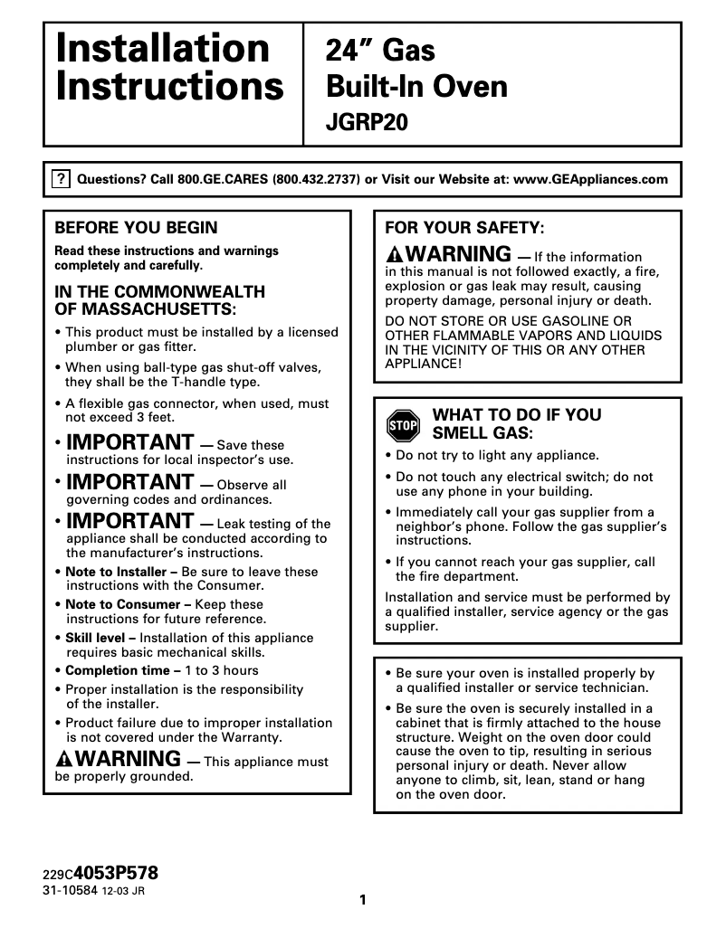 Página 1 del manual Instrucciones / montaje GE JGRP20BEJBB