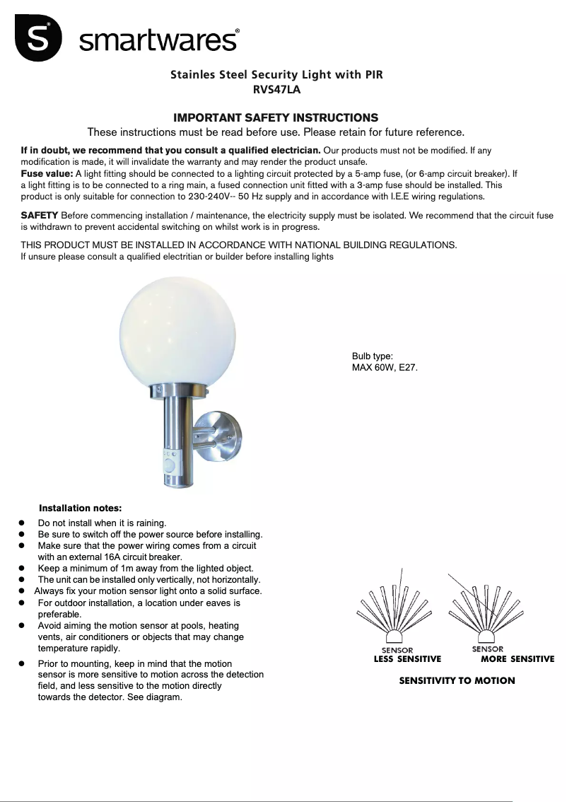 Page 1 de la notice Manuel utilisateur Smartwares RVS47LA