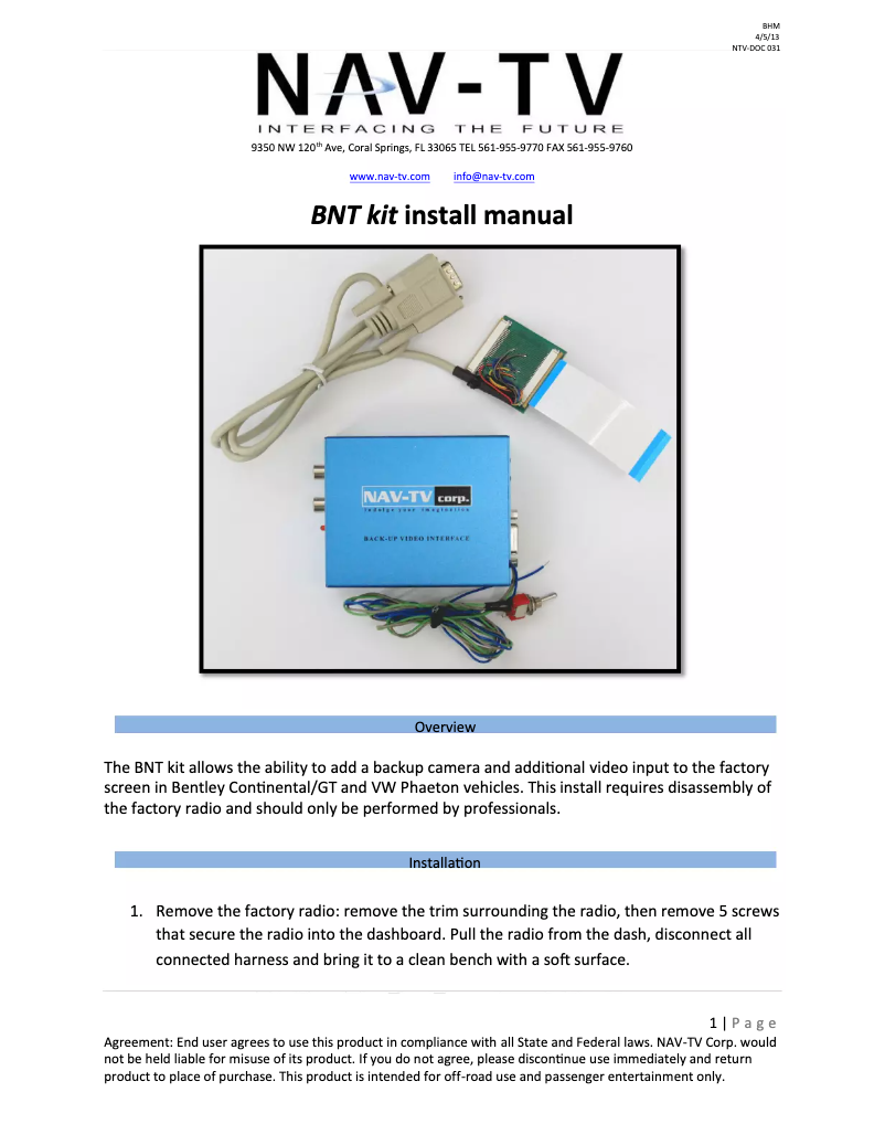 Page n°1 - Manuel utilisateur NAV-TV NVT-KIT058