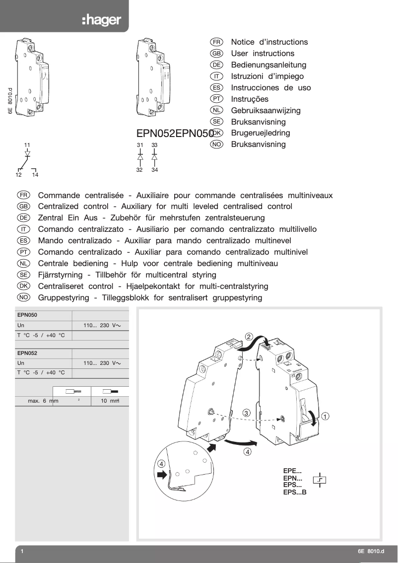 Page 1 de la notice Manuel utilisateur Hager EPN050