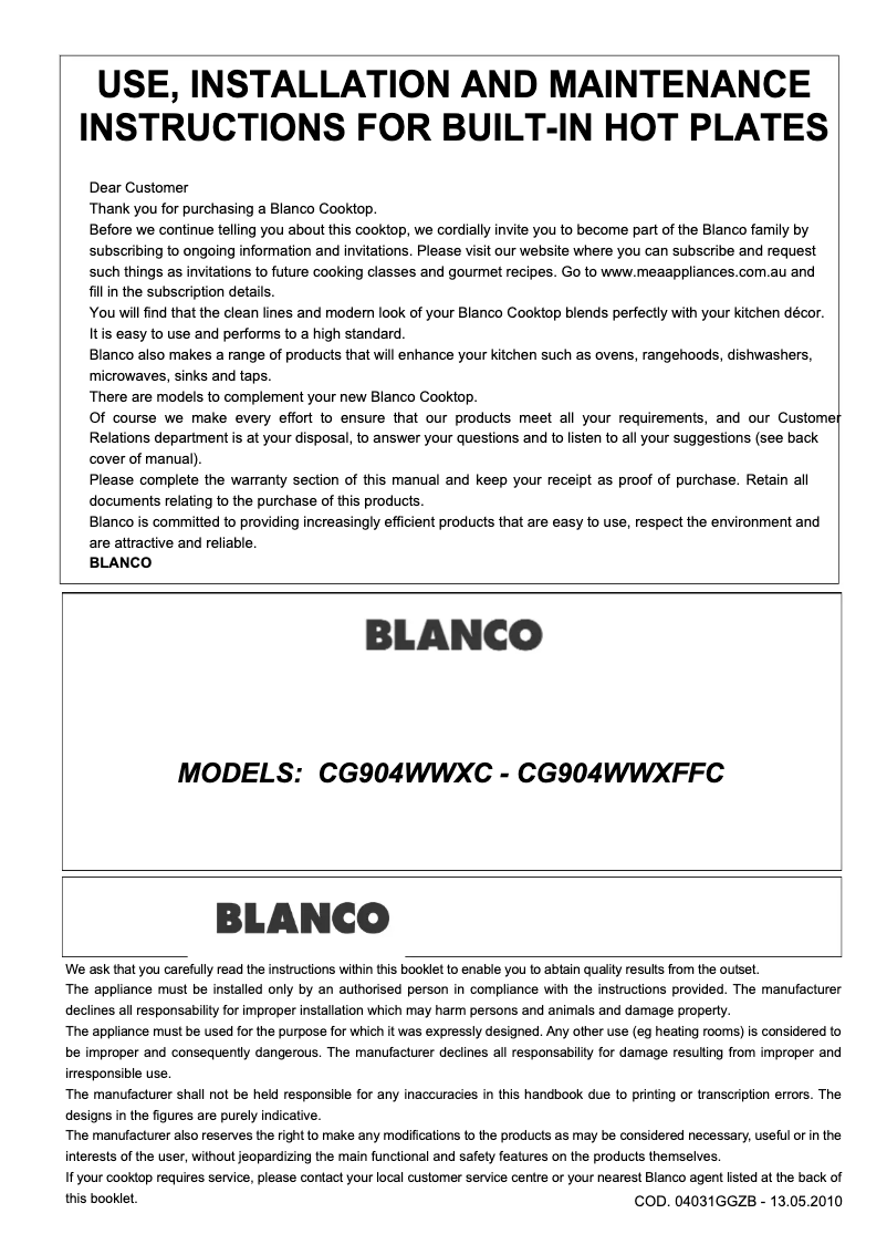 Image de la première page du manuel de l'appareil CG904WWXFFC